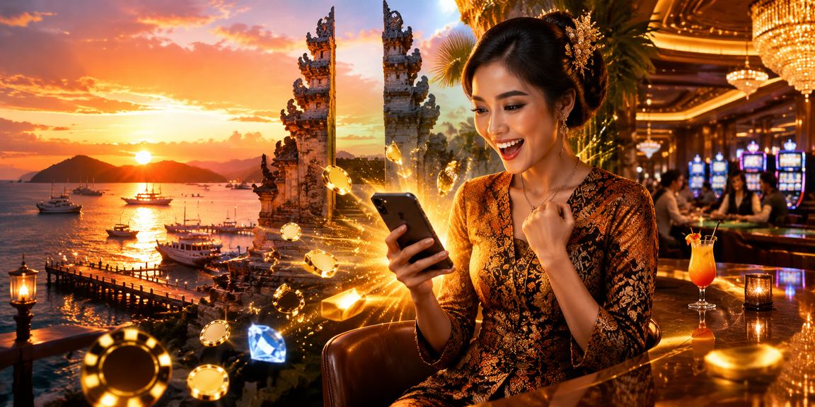 Model perempuan menggunakan aplikasi casino di pantai dengan ekspresi ceria