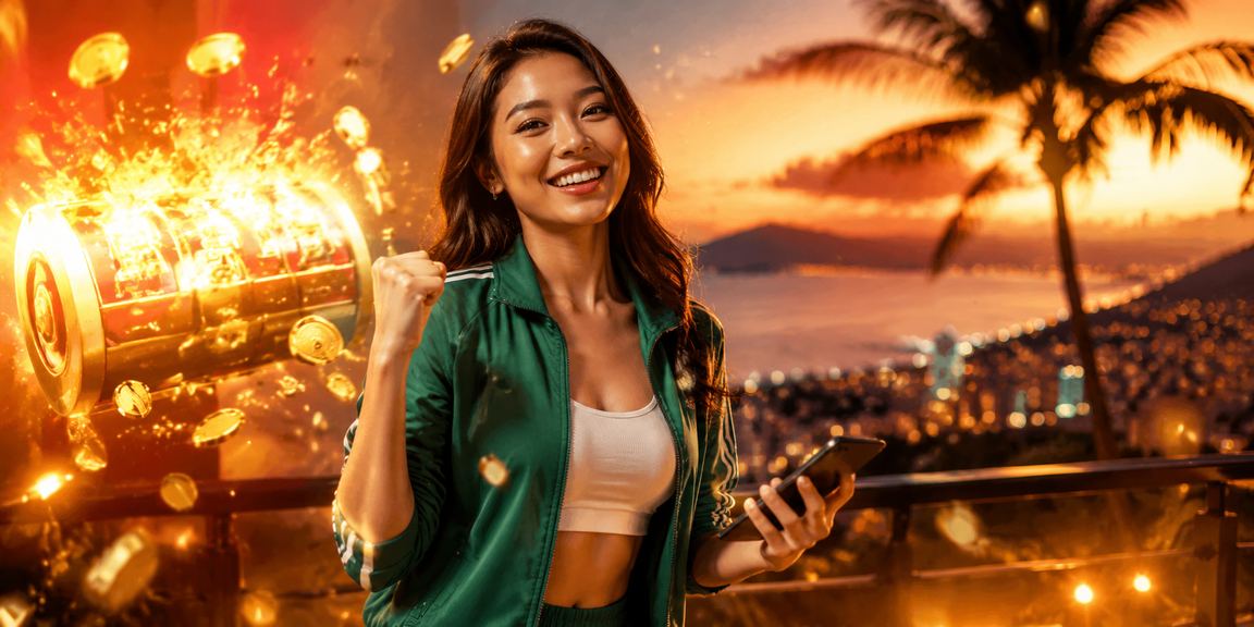 Model wanita menikmati permainan slot dengan ekspresi ceria dan bersemangat